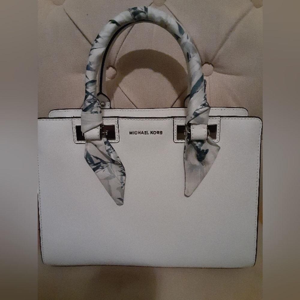 Michael Kors Leather Structured Quinn Satchel w/Silk Twilly